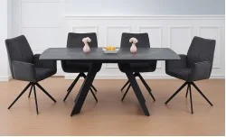 Set Masă Living Extensibilă Blat Ceramic Negru/Auriu DTM0105CS cu 4 Scaune DCM0601AS Gri Inchis