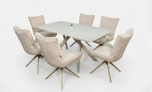 Set Masă Living Extensibilă Bej DTM0107 cu 6 Scaune DCM0607CS Bej