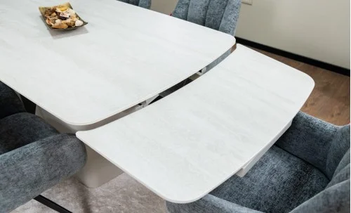 Set Masă Living Extensibilă DTM0405CS Blat Ceramic Bej cu 6 Scaune Rotative DCM0112 Gri