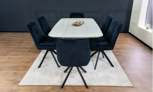 Set Masă Living Extensibilă DTM0405CS Blat Ceramic Bej cu 6 Scaune Rotative KJC356 Negre