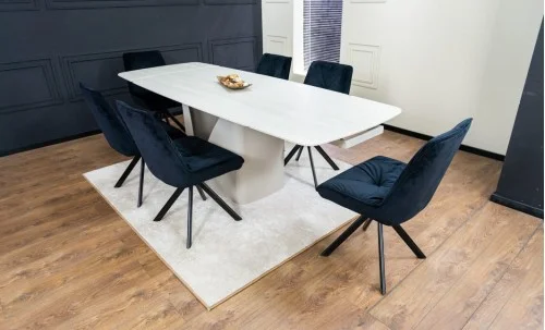 Set Masă Living Extensibilă DTM0405CS Blat Ceramic Bej cu 6 Scaune Rotative KJC356 Negre