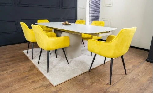 Set Masă Living Extensibilă DTM0405CS Blat Ceramic Bej cu 6 Scaune Tapițate KJC38 Galbene