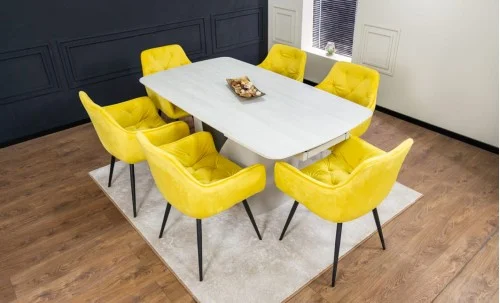 Set Masă Living Extensibilă DTM0405CS Blat Ceramic Bej cu 6 Scaune Tapițate KJC38 Galbene