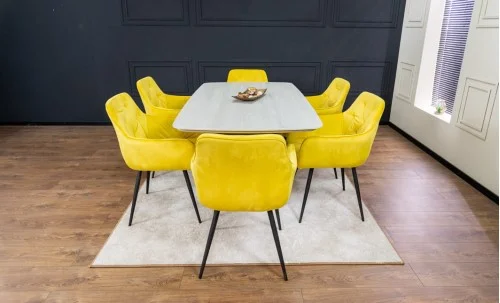 Set Masă Living Extensibilă DTM0405CS Blat Ceramic Bej cu 6 Scaune Tapițate KJC38 Galbene