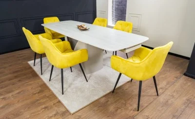 Set Masă Living Extensibilă DTM0405CS Blat Ceramic Bej cu 6 Scaune Tapițate KJC38 Galbene