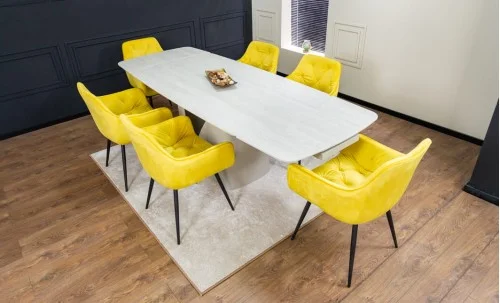 Set Masă Living Extensibilă DTM0405CS Blat Ceramic Bej cu 6 Scaune Tapițate KJC38 Galbene
