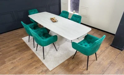 Set Masă Living Extensibilă DTM0405CS Blat Ceramic Bej cu 6 Scaune Tapițate KJC38 Verzi