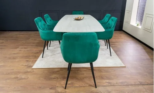 Set Masă Living Extensibilă DTM0405CS Blat Ceramic Bej cu 6 Scaune Tapițate KJC38 Verzi