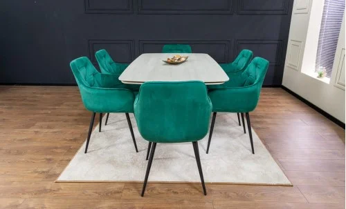 Set Masă Living Extensibilă DTM0405CS Blat Ceramic Bej cu 6 Scaune Tapițate KJC38 Verzi