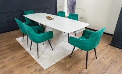 Set Masă Living Extensibilă DTM0405CS Blat Ceramic Bej cu 6 Scaune Tapițate KJC38 Verzi