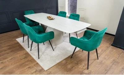 Set Masă Living Extensibilă DTM0405CS Blat Ceramic Bej cu 6 Scaune Tapițate KJC38 Verzi