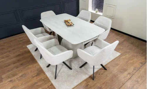 Set Masă Living Extensibilă DTM0405CS Blat Ceramic Bej cu 6 Scaune Rotative KJC3846 Bej
