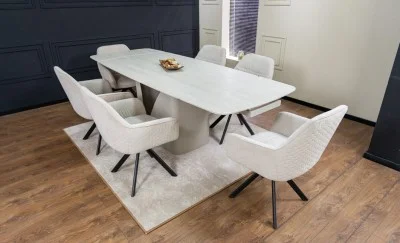 Set Masă Living Extensibilă DTM0405CS Blat Ceramic Bej cu 6 Scaune Rotative KJC3846 Bej