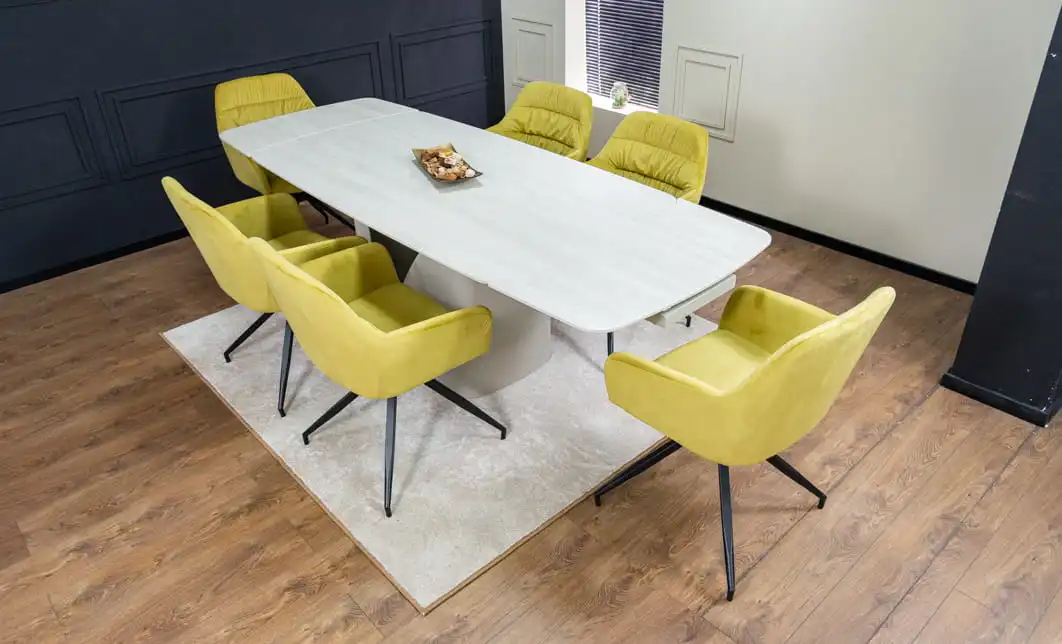 Set Masă Living Extensibilă DTM0405CS Blat Ceramic Bej cu 6 Scaune Rotative KJC4345 Muștar 1