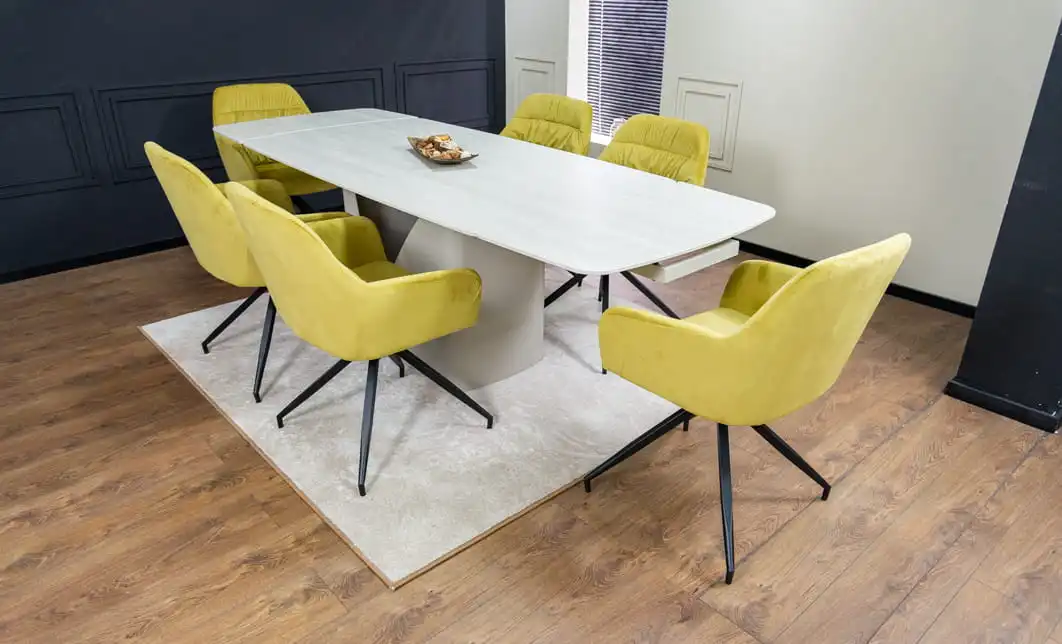 Set Masă Living Extensibilă DTM0405CS Blat Ceramic Bej cu 6 Scaune Rotative KJC4345 Muștar
