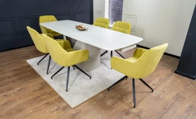 Set Masă Living Extensibilă DTM0405CS Blat Ceramic Bej cu 6 Scaune Rotative KJC4345 Muștar