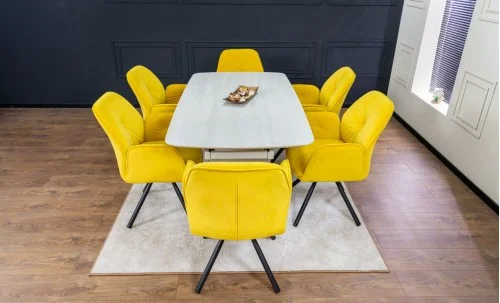 Set Masă Living Extensibilă DTM0405CS Blat Ceramic Bej cu 6 Scaune Rotative KJC80 Galbene