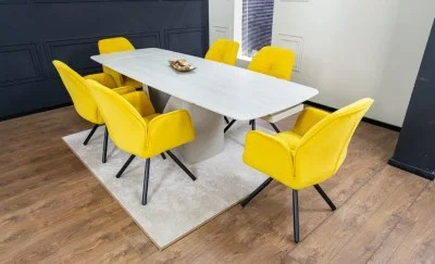 Set Masă Living Extensibilă DTM0405CS Blat Ceramic Bej cu 6 Scaune Rotative KJC80 Galbene