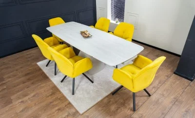 Set Masă Living Extensibilă DTM0405CS Blat Ceramic Bej cu 6 Scaune Rotative KJC80 Galbene
