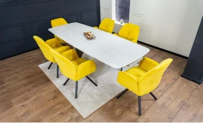 Set Masă Living Extensibilă DTM0405CS Blat Ceramic Bej cu 6 Scaune Rotative KJC80 Galbene