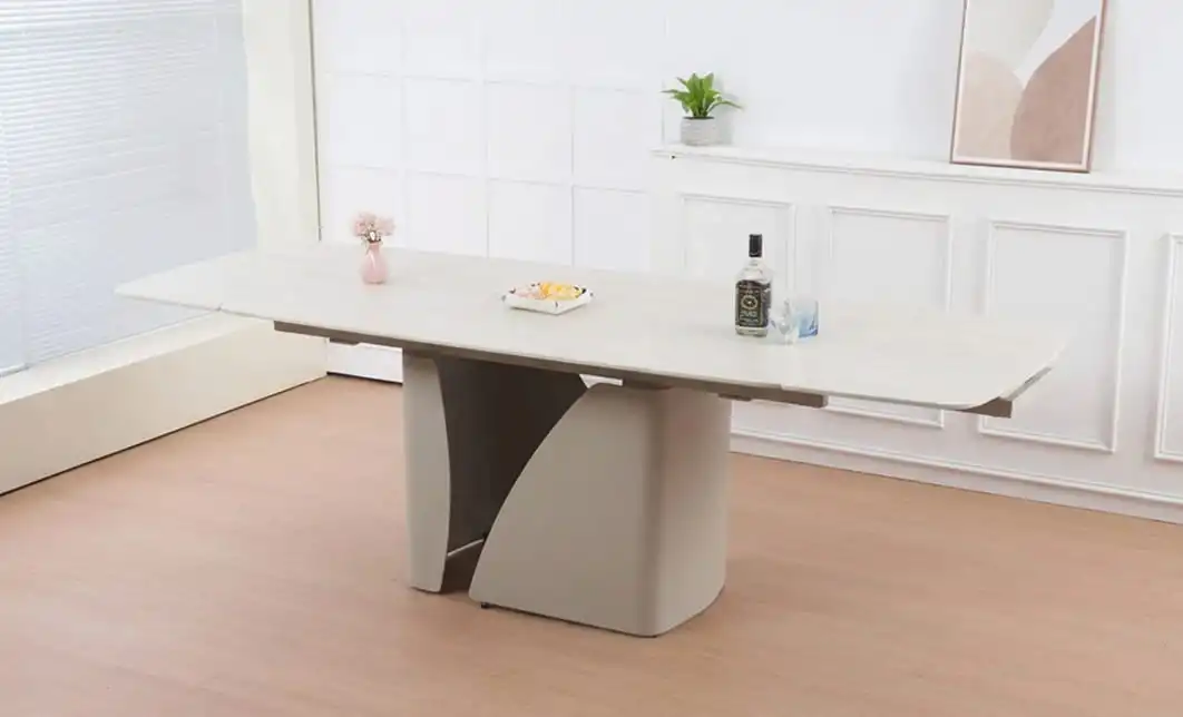 Set Masă Living Extensibilă Bej DTM0405CS Blat Ceramic cu 6 Scaune Rotative DCM0104CS Gri 6