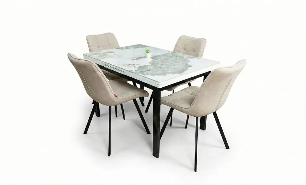 Set Masă Living Extensibilă Blat Ceramic KJT416 / DT018 Alb-Cappuccino cu 4 Scaune DCM1801CF Bej 1
