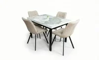Set Masă Living Extensibilă Blat Ceramic KJT416 / DT018 Alb-Cappuccino cu 4 Scaune DCM1801CF Bej 1