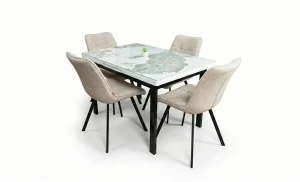 Set Masă Living Extensibilă Blat Ceramic KJD416 Alb-Cappuccino cu 4 Scaune DCM1801CF Bej