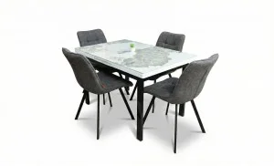 Set Masă Living Extensibilă Blat Ceramic KJD416 Alb-Cappuccino cu 4 Scaune DCM1801CF Gri