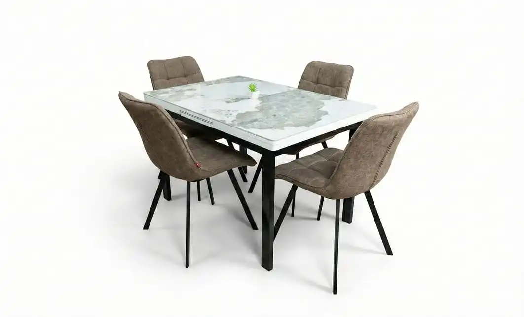 Set Masă Living Extensibilă Blat Ceramic KJT416 / DT018 Alb-Cappuccino cu 4 Scaune DCM1801CF Maro 1