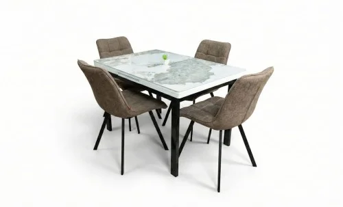 Set Masă Living Extensibilă Blat Ceramic KJT416 / DT018 Alb-Cappuccino cu 4 Scaune DCM1801CF Maro