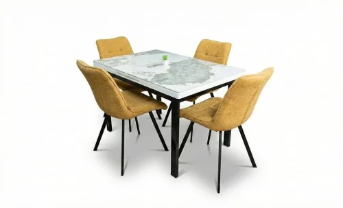 Set Masă Living Extensibilă Blat Ceramic KJT416 / DT018 Alb-Cappuccino cu 4 Scaune DCM1801CF Muștar