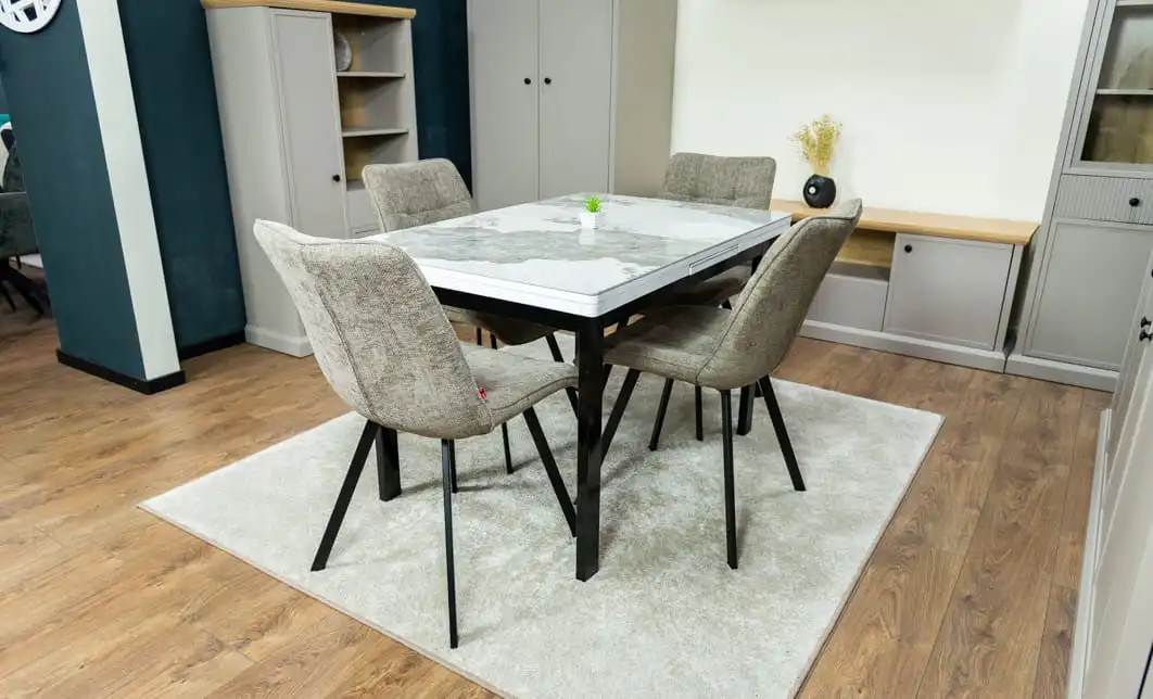 Set Masă Living Extensibilă Blat Ceramic KJT416 / DT018 Alb-Cappuccino cu 4 Scaune DCM1801CF Verzi 10