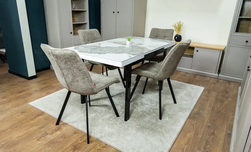 Set Masă Living Extensibilă Blat Ceramic KJT416 / DT018 Alb-Cappuccino cu 4 Scaune DCM1801CF Verzi 9