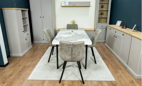 Set Masă Living Extensibilă Blat Ceramic KJT416 / DT018 Alb-Cappuccino cu 4 Scaune DCM1801CF Verzi