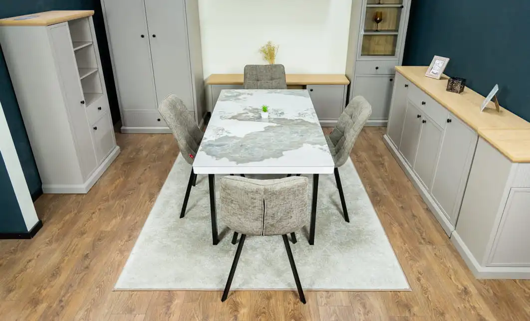 Set Masă Living Extensibilă Blat Ceramic KJT416 / DT018 Alb-Cappuccino cu 4 Scaune DCM1801CF Verzi