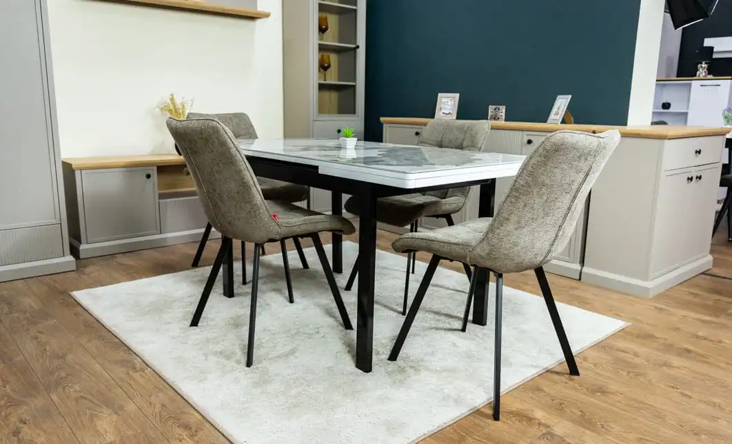 Set Masă Living Extensibilă Blat Ceramic KJT416 / DT018 Alb-Cappuccino cu 4 Scaune DCM1801CF Verzi 4