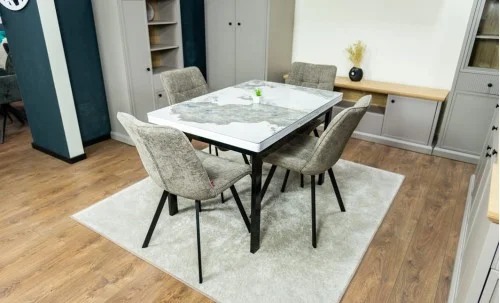 Set Masă Living Extensibilă Blat Ceramic KJT416 / DT018 Alb-Cappuccino cu 4 Scaune DCM1801CF Verzi