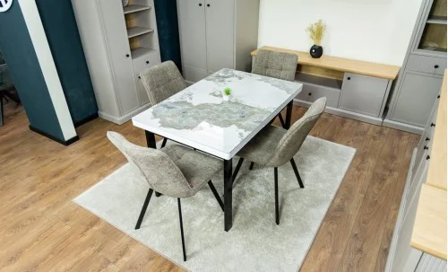 Set Masă Living Extensibilă Blat Ceramic KJT416 / DT018 Alb-Cappuccino cu 4 Scaune DCM1801CF Verzi