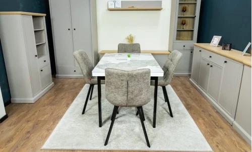 Set Masă Living Extensibilă Blat Ceramic KJT416 / DT018 Alb-Cappuccino cu 4 Scaune DCM1801CF Verzi