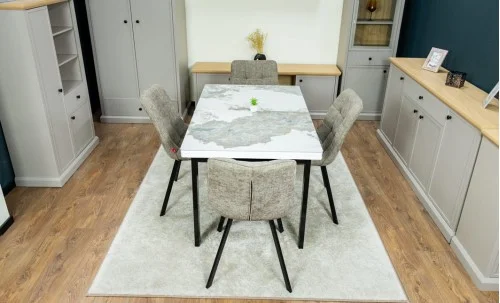 Set Masă Living Extensibilă Blat Ceramic KJT416 / DT018 Alb-Cappuccino cu 4 Scaune DCM1801CF Verzi