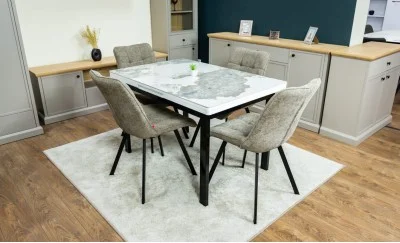 Set Masă Living Extensibilă Blat Ceramic KJT416 / DT018 Alb-Cappuccino cu 4 Scaune DCM1801CF Verzi