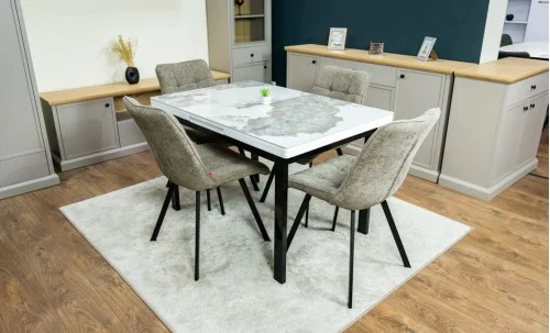 Set Masă Living Extensibilă Blat Ceramic KJT416 / DT018 Alb-Cappuccino cu 4 Scaune DCM1801CF Verzi