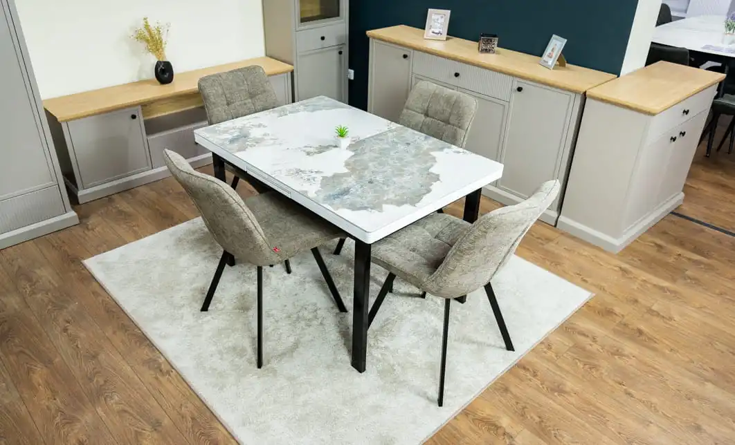 Set Masă Living Extensibilă Blat Ceramic KJT416 / DT018 Alb-Cappuccino cu 4 Scaune DCM1801CF Verzi 2