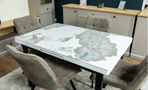 Set Masă Living Extensibilă Blat Ceramic KJT416 / DT018 Alb-Cappuccino cu 4 Scaune DCM1801CF Verzi