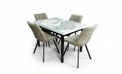 Set Masă Living Extensibilă Blat Ceramic KJT416 / DT018 Alb-Cappuccino cu 4 Scaune DCM1801CF Verzi