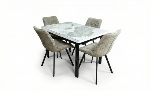 Set Masă Living Extensibilă Blat Ceramic KJT416 / DT018 Alb-Cappuccino cu 4 Scaune DCM1801CF Verzi