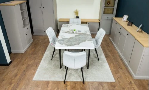Set Masă Living Extensibilă Blat Ceramic KJT416 Alb-Cappuccino cu 4 Scaune DCM2001AF Bej