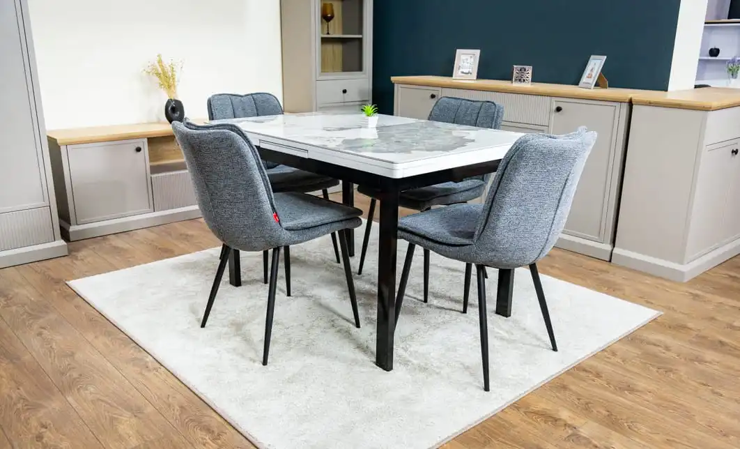 Set Masă Living Extensibilă Blat Ceramic KJT416 / DT018 Alb-Cappuccino cu 4 Scaune DCM2001AF Gri 3