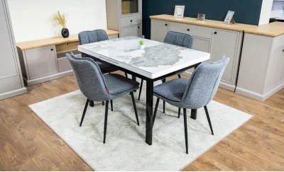 Set Masă Living Extensibilă Blat Ceramic KJT416 / DT018 Alb-Cappuccino cu 4 Scaune DCM2001AF Gri